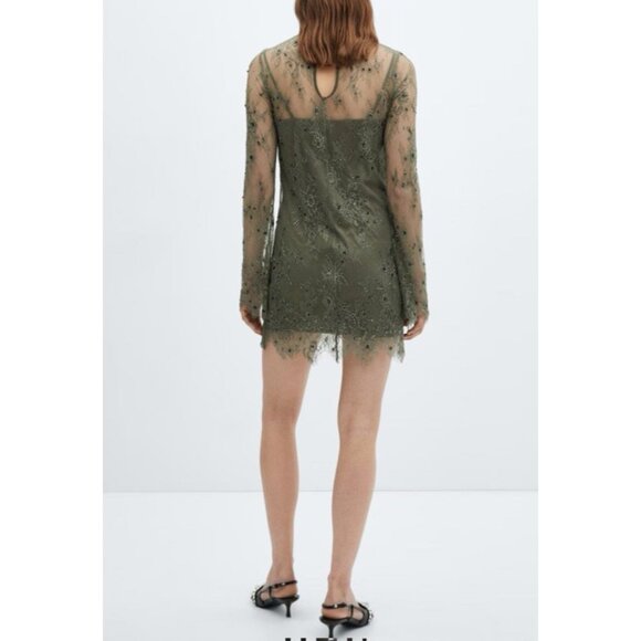 Mango Green Long Sleeve Lace Sequin Bead Dress L Large Olive Green $159 NEW - Picture 3 of 15